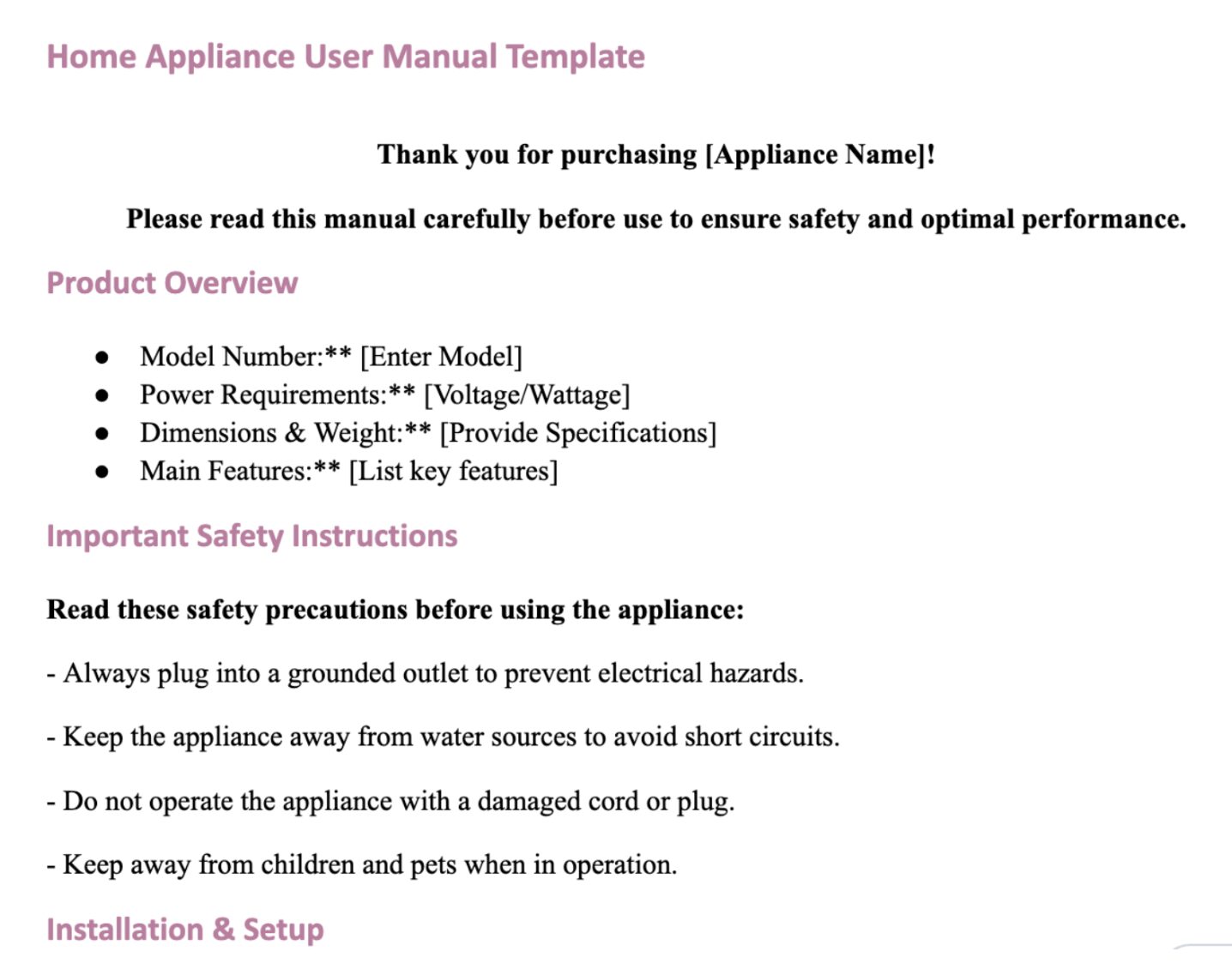 Home Appliance User Manual Template