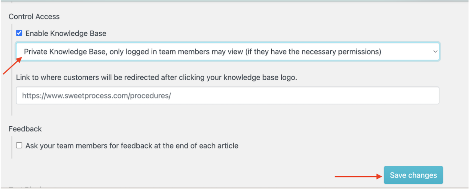 To create an internal knowledge base, select the “Private” option and save the changes.