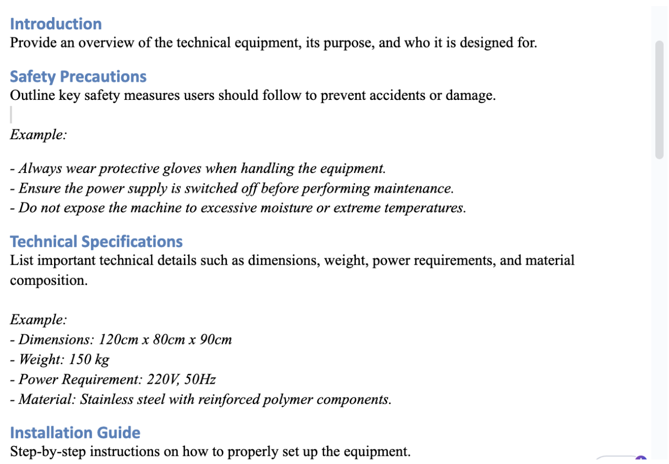 Technical Equipment User Manual Template
