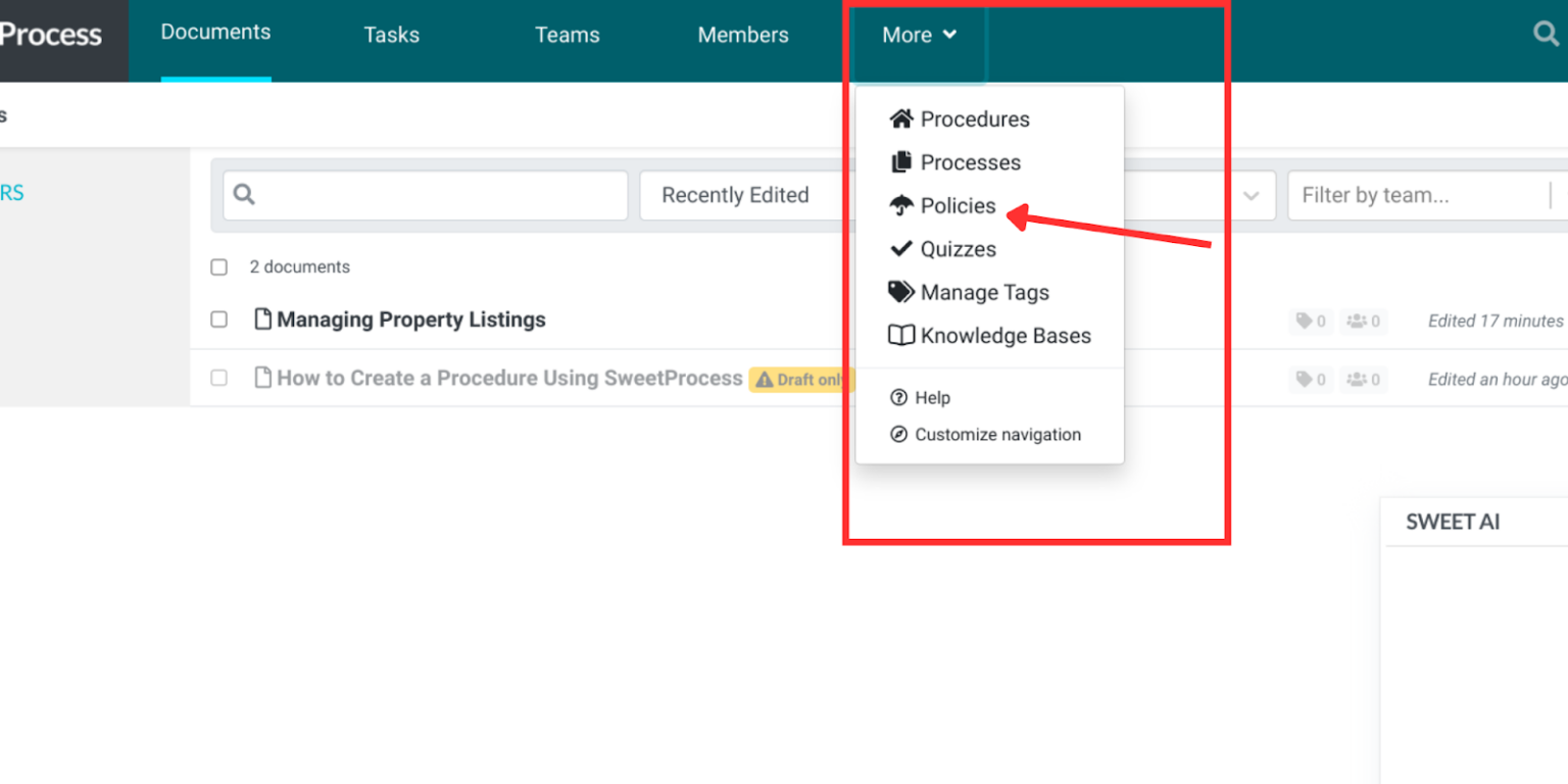 Smooth Process Button Generate Policies and Procedures With SweetProcess AI — Fast