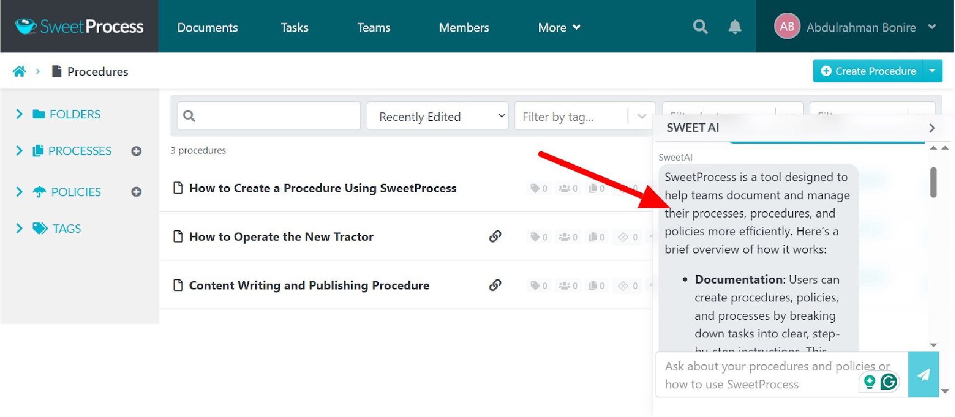 SweetAI will list all the capabilities of your SweetProcess account
