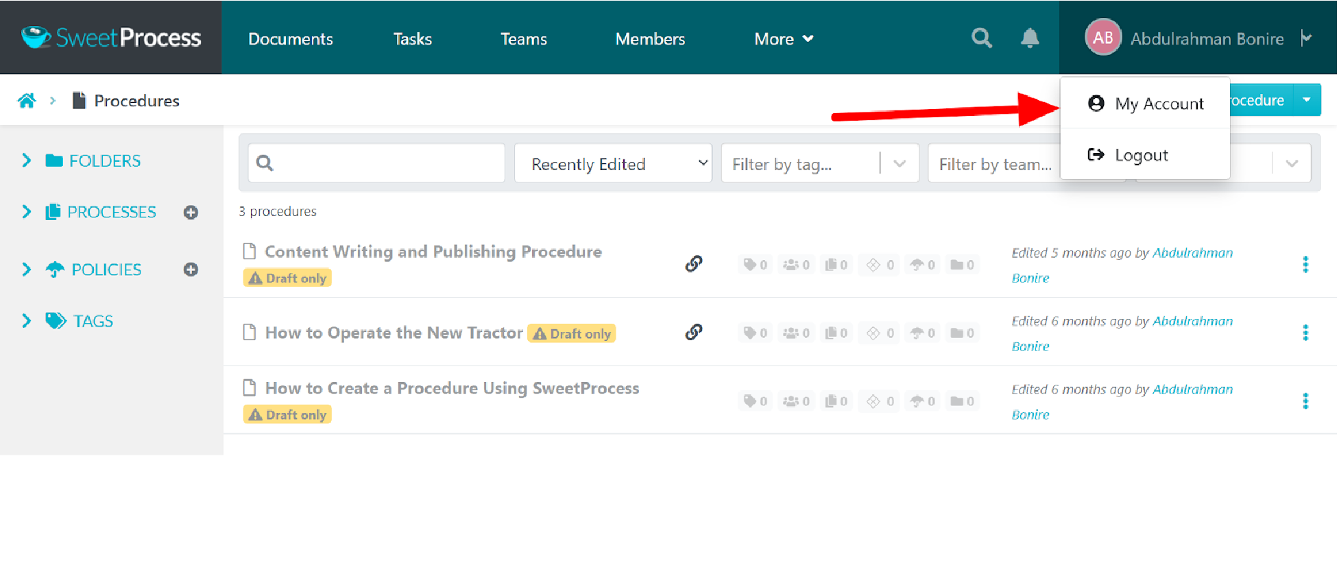 Click on the down arrow beside your name at the upper-right corner of your screen and click on "My Account,"