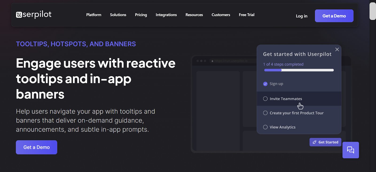 Userpilt in-app slideout guiding a new feature