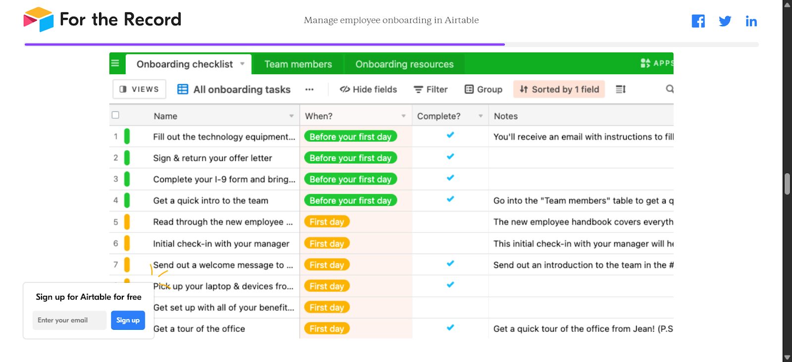 Airtable onboarding checklist