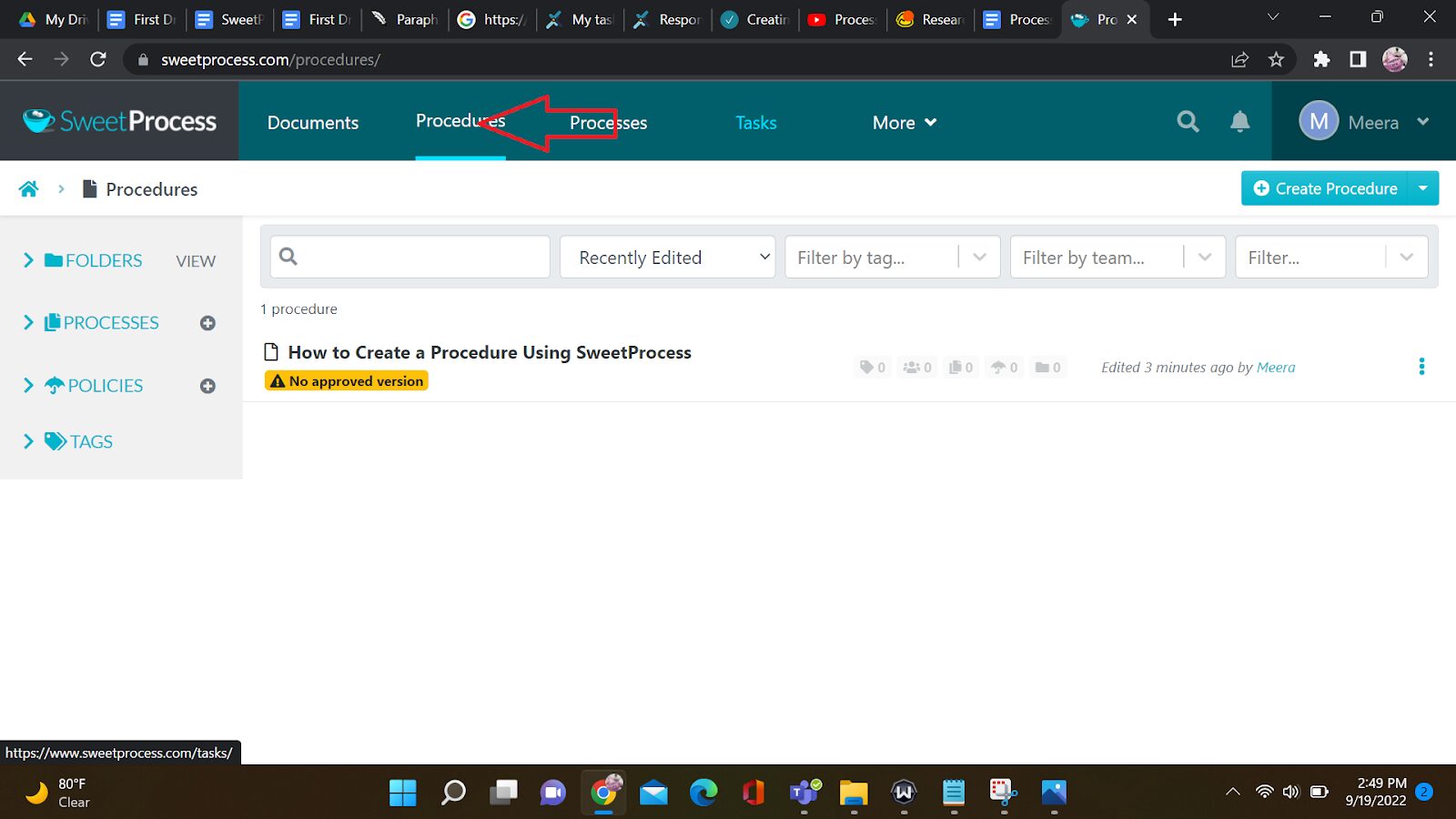 "Procedures" tab