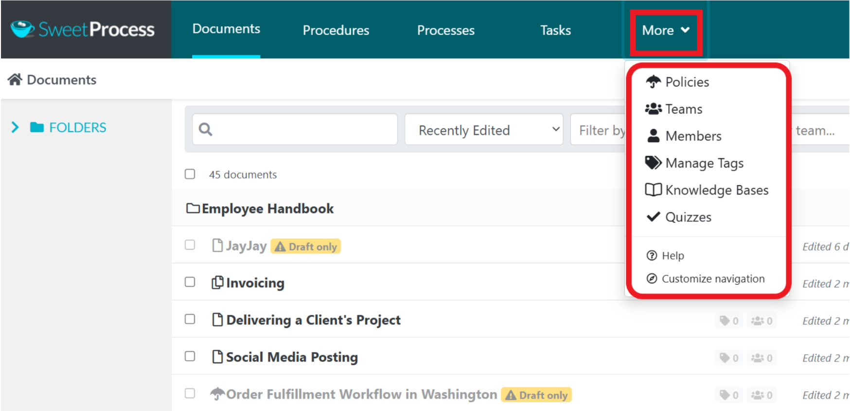 “More” drop-down menu