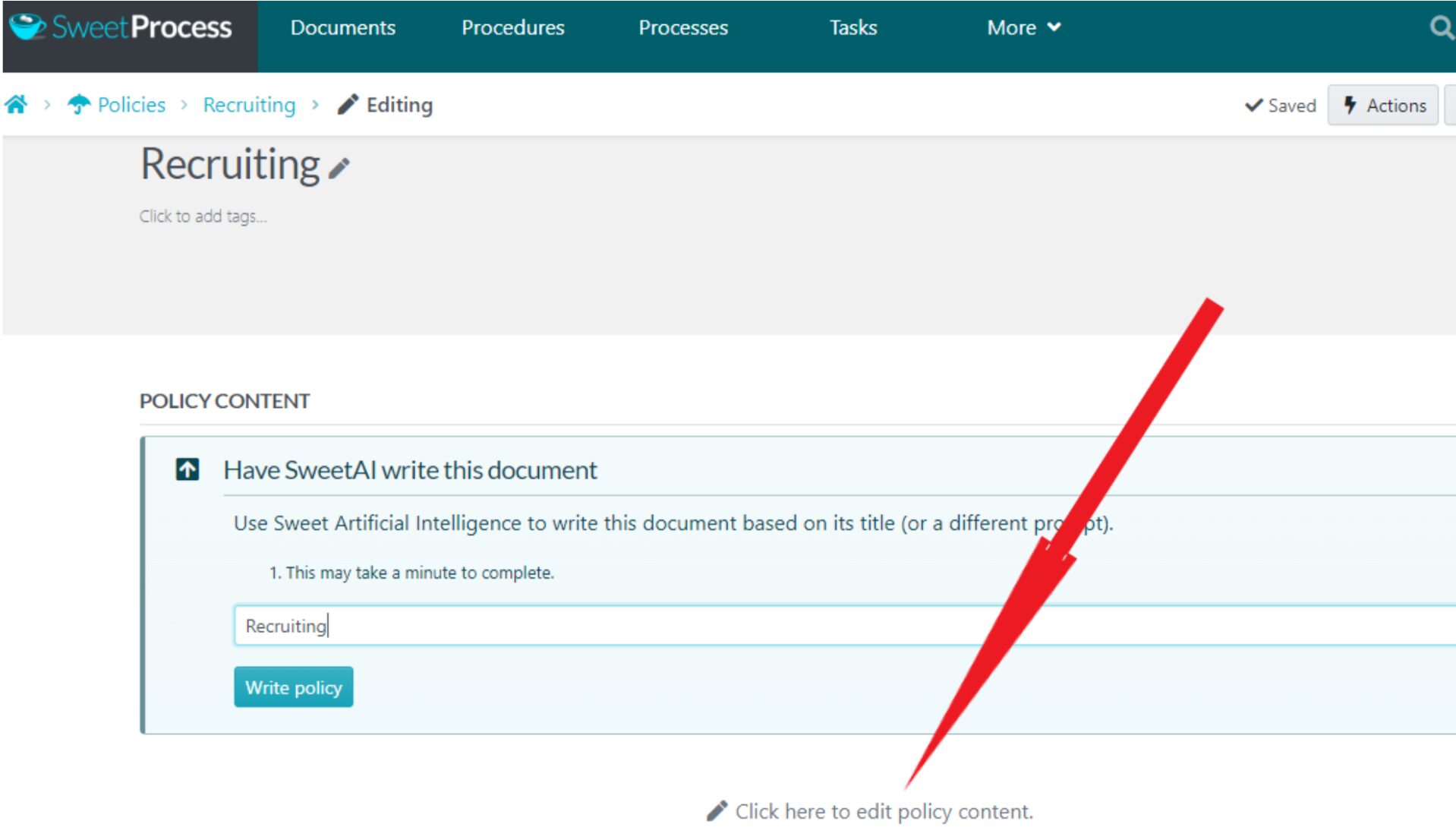 To create your policy manually, click “Continue” instead of “Write with SweetAI.”