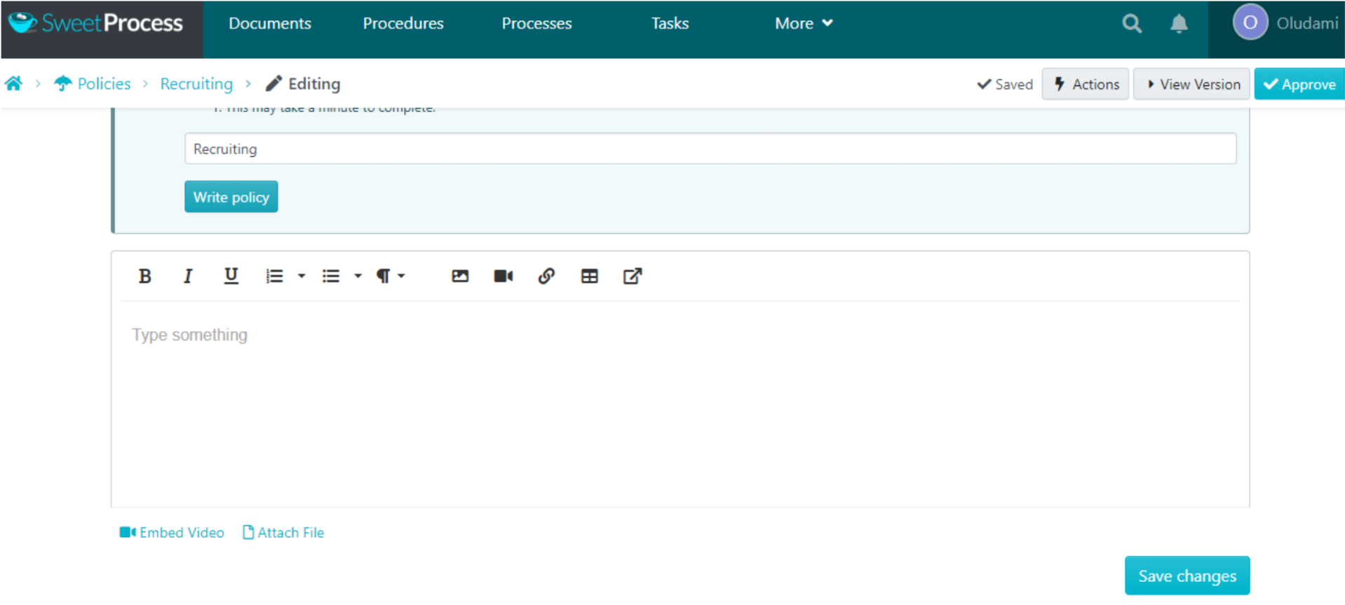 This action immediately opens the content editor, where you can write or paste your policy content.