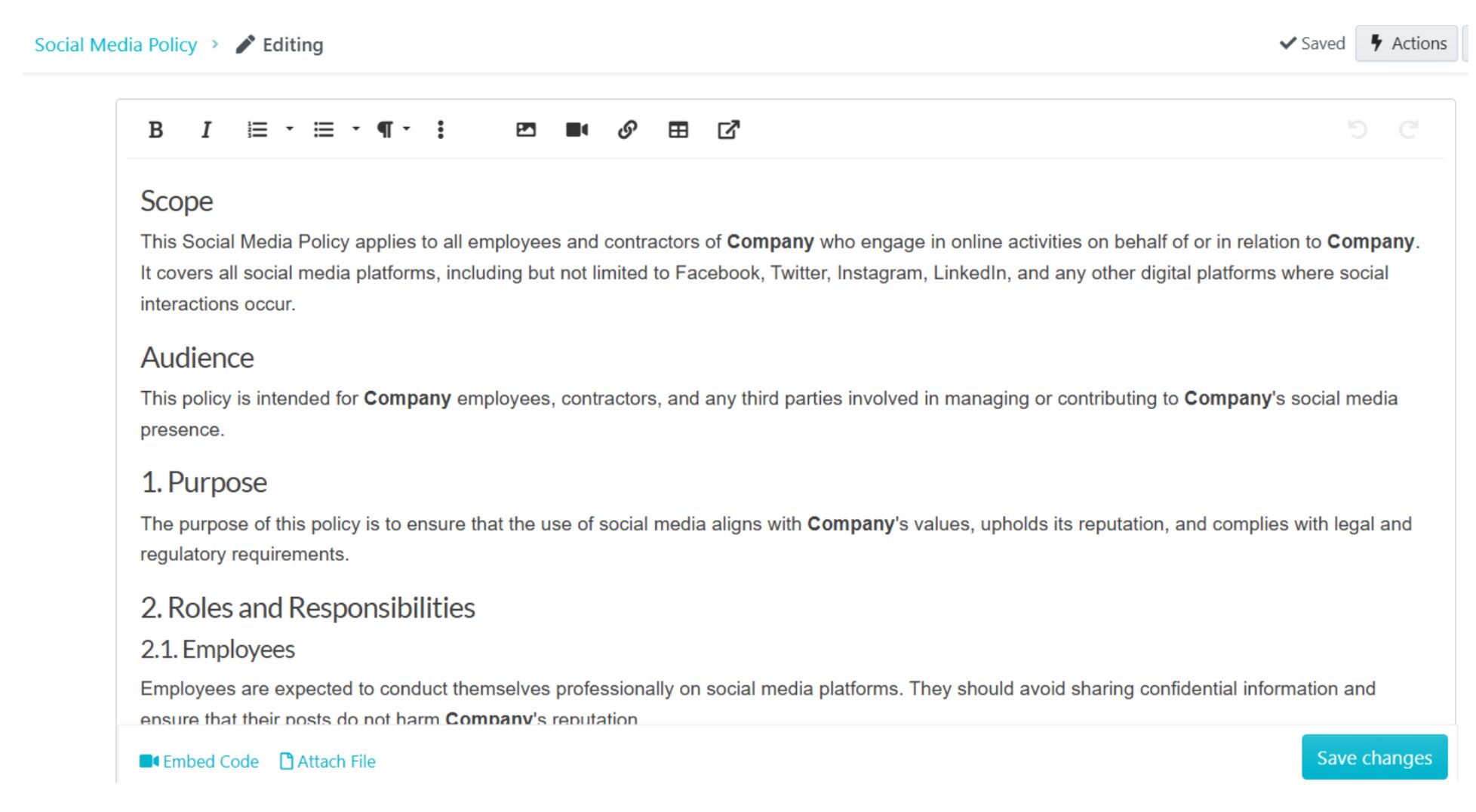 Next, you can click on the “Edit” link at the top-right corner of your new policy to adjust the content to perfectly suit your business.