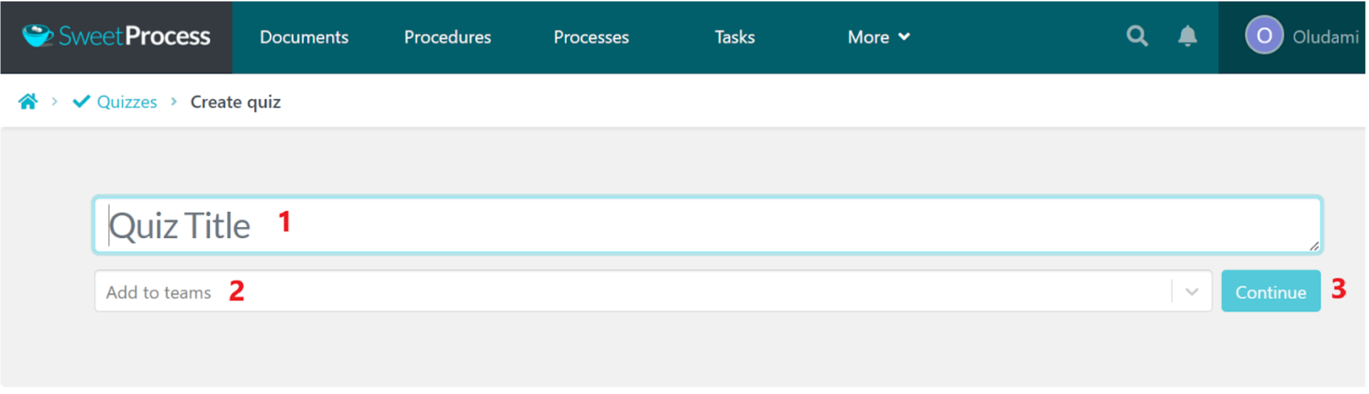 3. On the next page, enter your quiz title (1), select a team to assign it to (2), and click on “Continue” (3), as seen below.