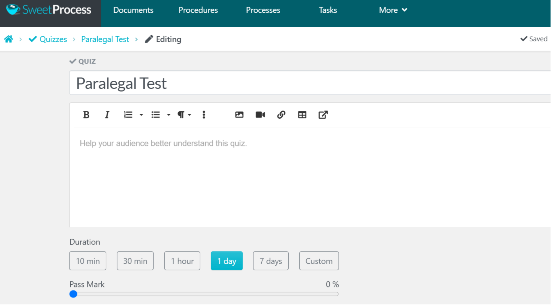 4. You’ll be taken to the quiz’s page. Click anywhere around the title to edit the quiz (setup). You can edit the title, add a quiz description, set the duration for the quiz, and set the pass mark. 