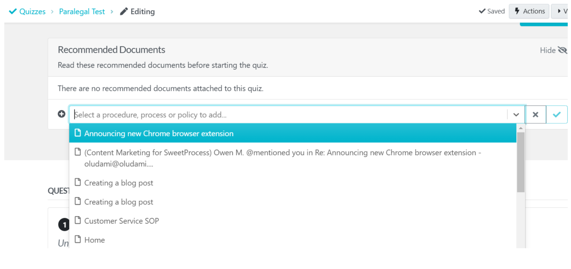 5. When you scroll further down, you’ll be able to attach any procedure, process, or policy you want to recommend in the quiz.