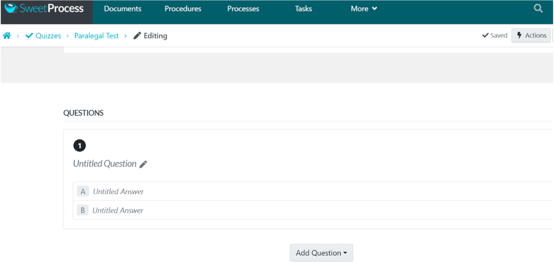 6. At the bottom of this same page, you can add your quiz questions. Your first question will be ready with its placeholders to be edited.