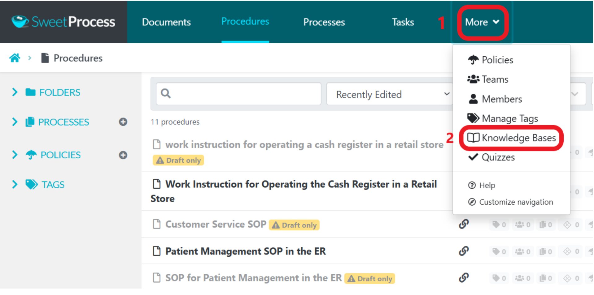 Click on the “More” button in the navigation bar and select “Knowledge Bases” from the drop-down menu.