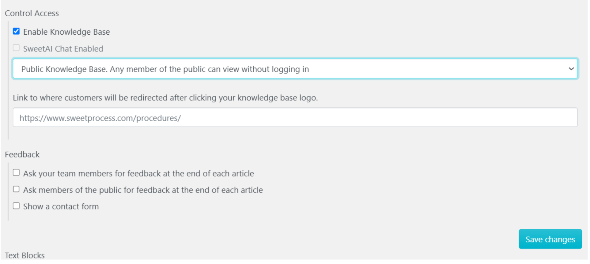 The “Control Access” setting is where you choose whether your knowledge base is public or private.