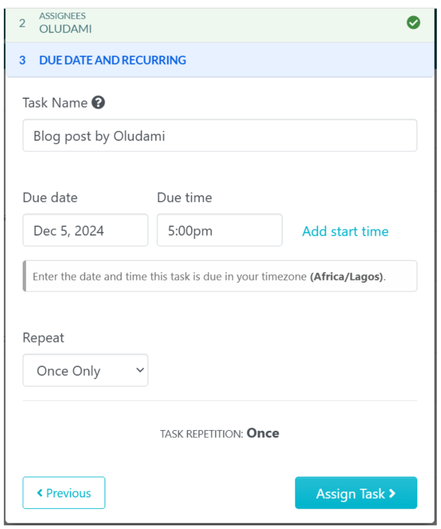 Next, you’ll name your task, set due date and due time, and even add a start time if you wish.