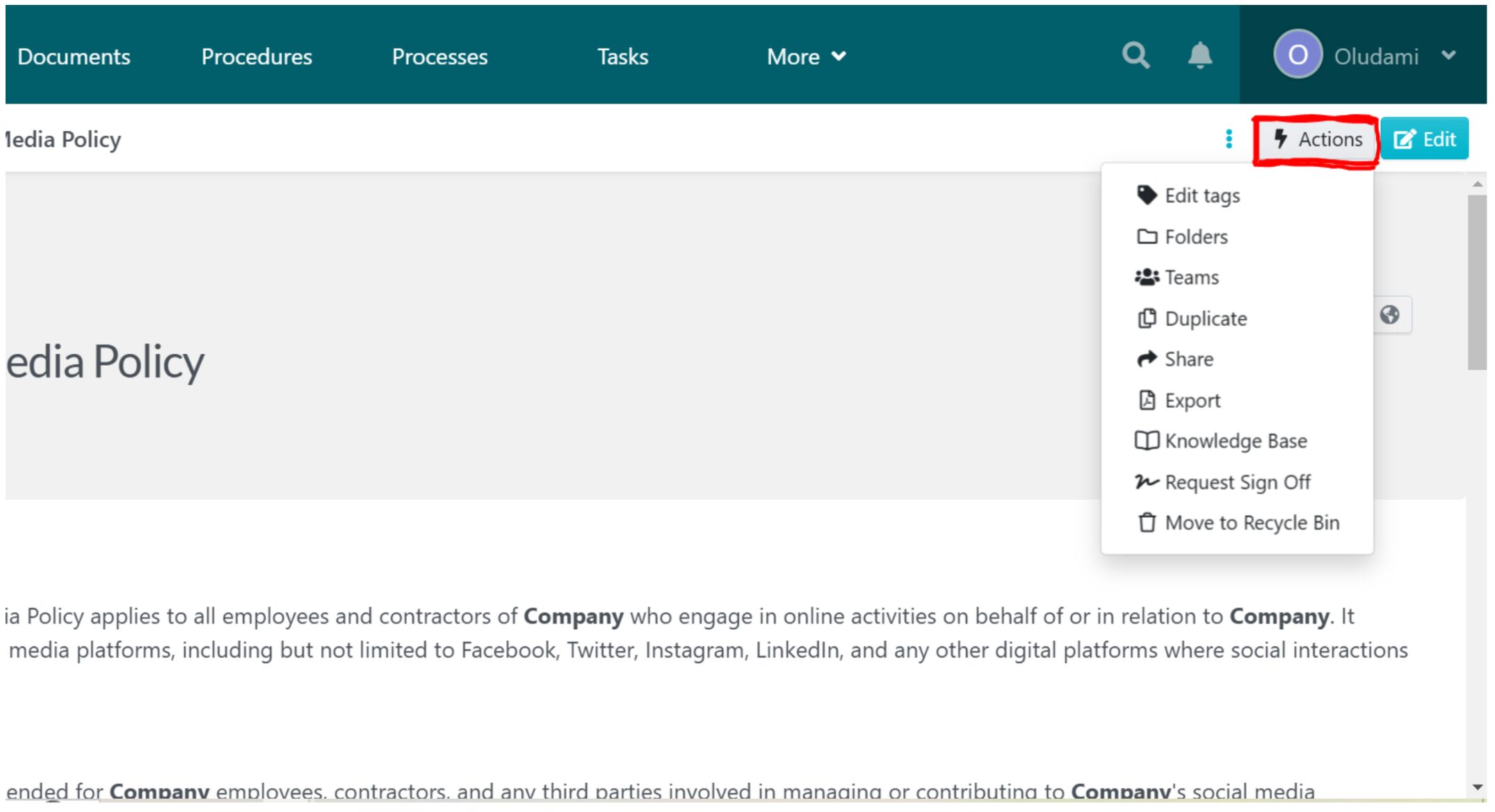 Next, click the “Actions” button at the top-right corner of the screen to find a series of actions to help you manage your policy.