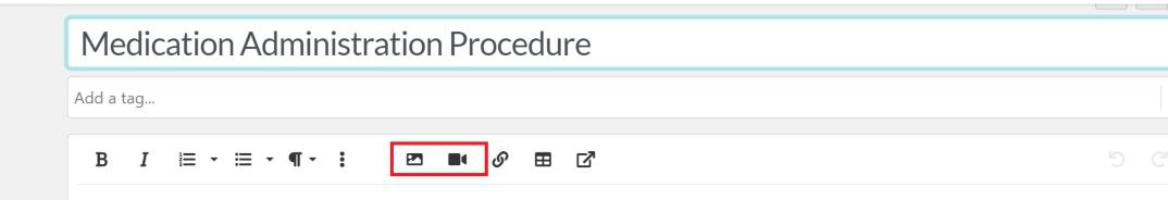 Click on either audio or video icons above the text box to add them to your training content