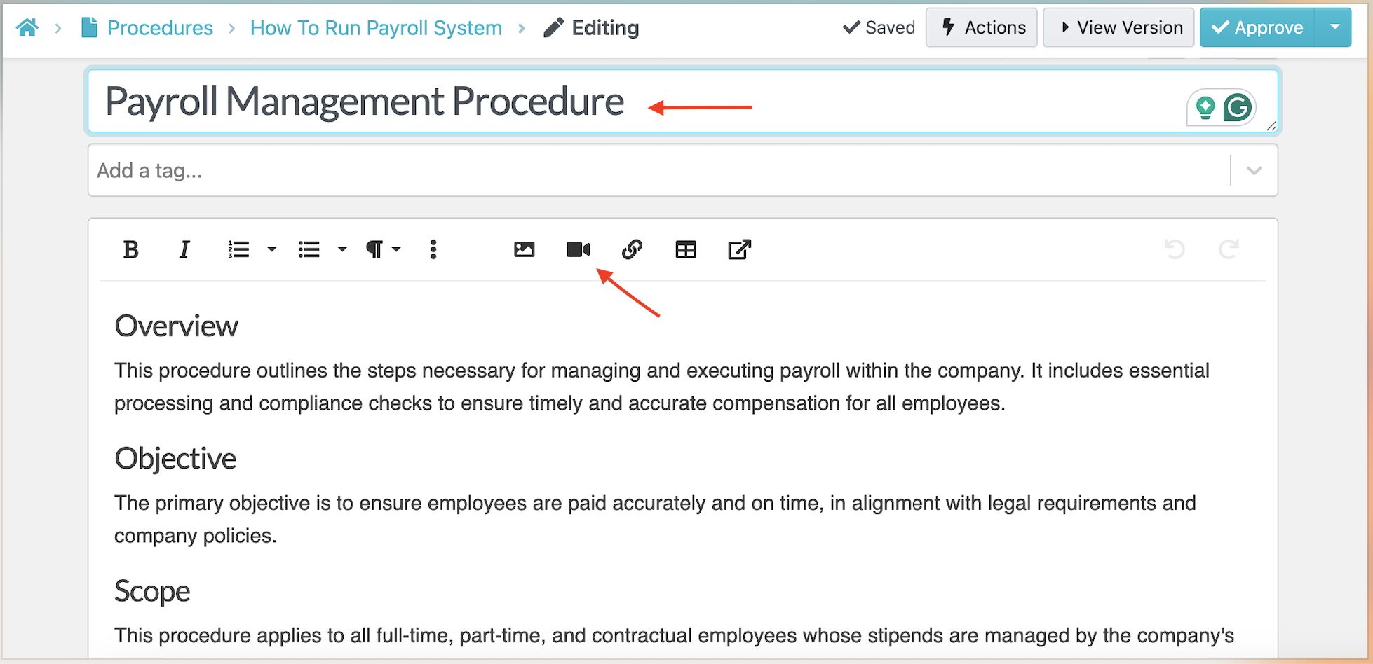 Each document includes clear headings, checklists, embedded images, videos, or even screen recordings to walk employees through exactly what to do.