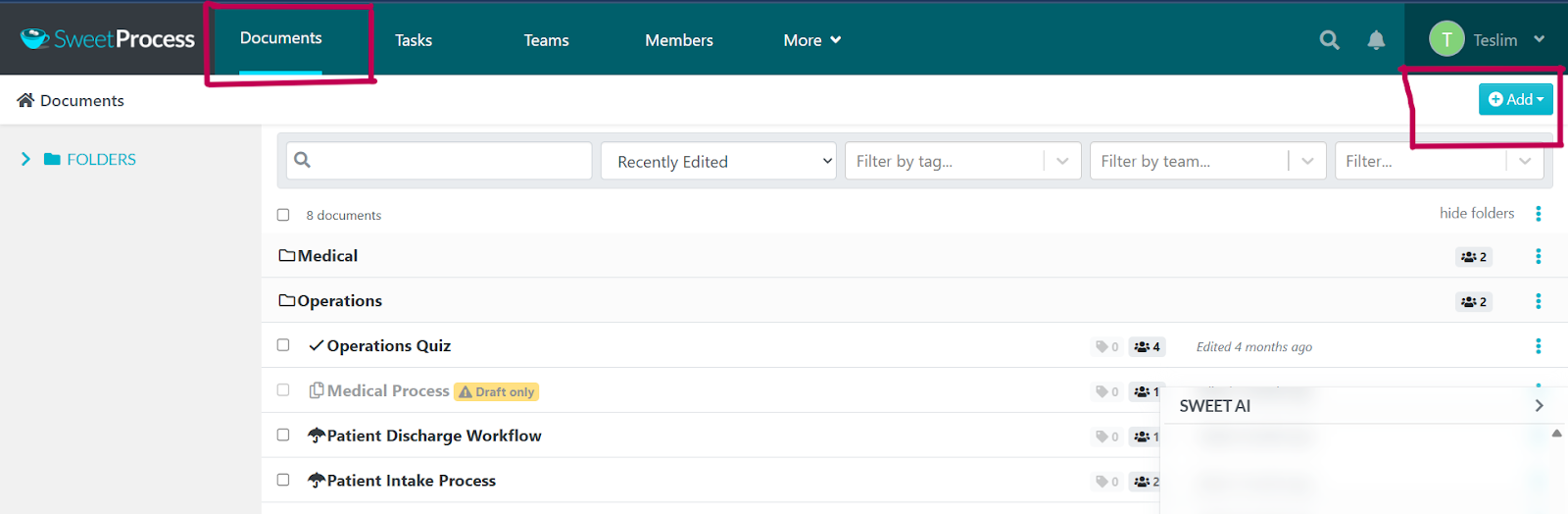 Under "Documents" tab, click on "Add" at the right-most corner