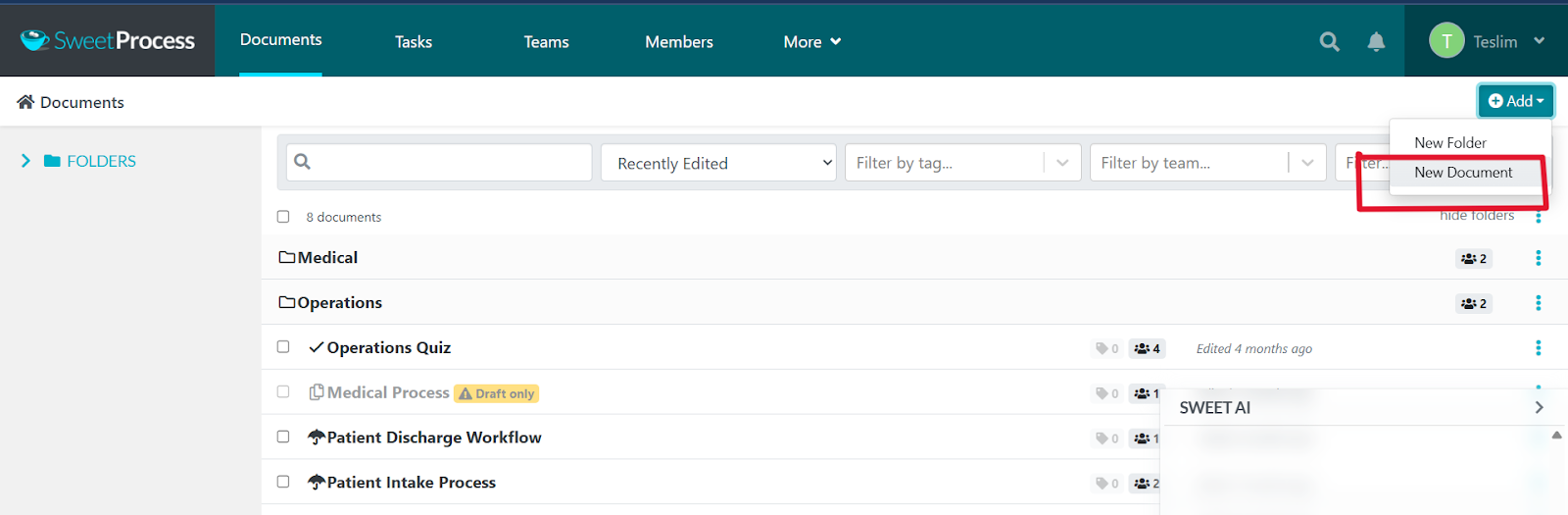 select the new document