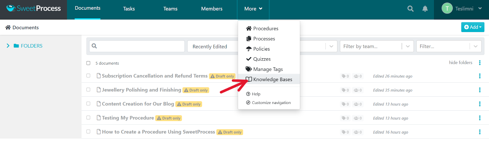 Under the "More" drop-down, select "Knowledge Base"