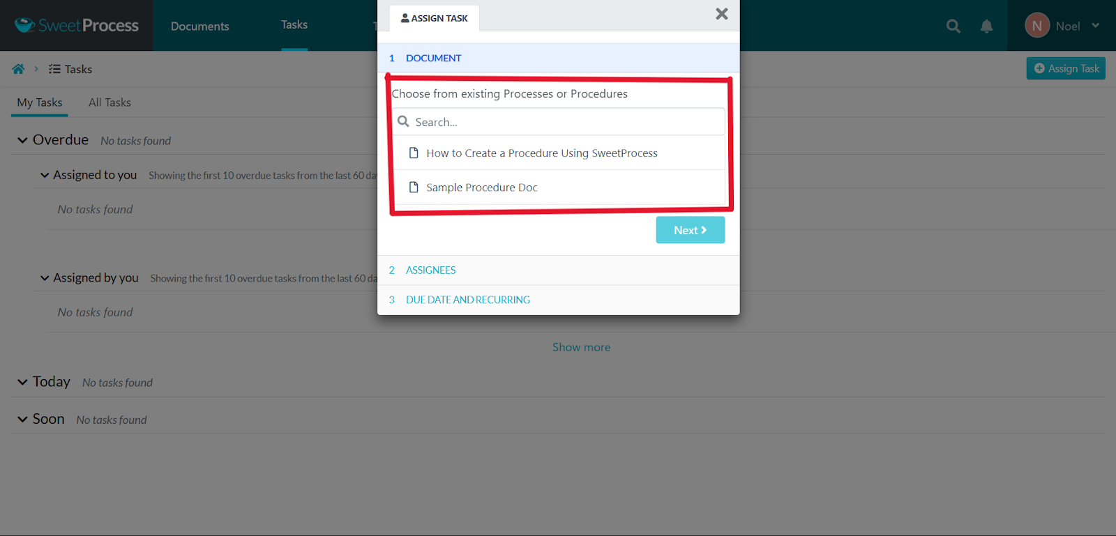 Select the document you want to assign to a team member