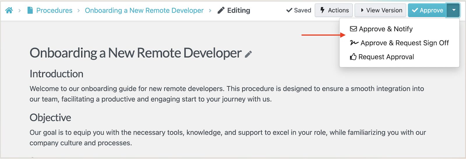 Click "Approve" to finalize the document and move it into active status