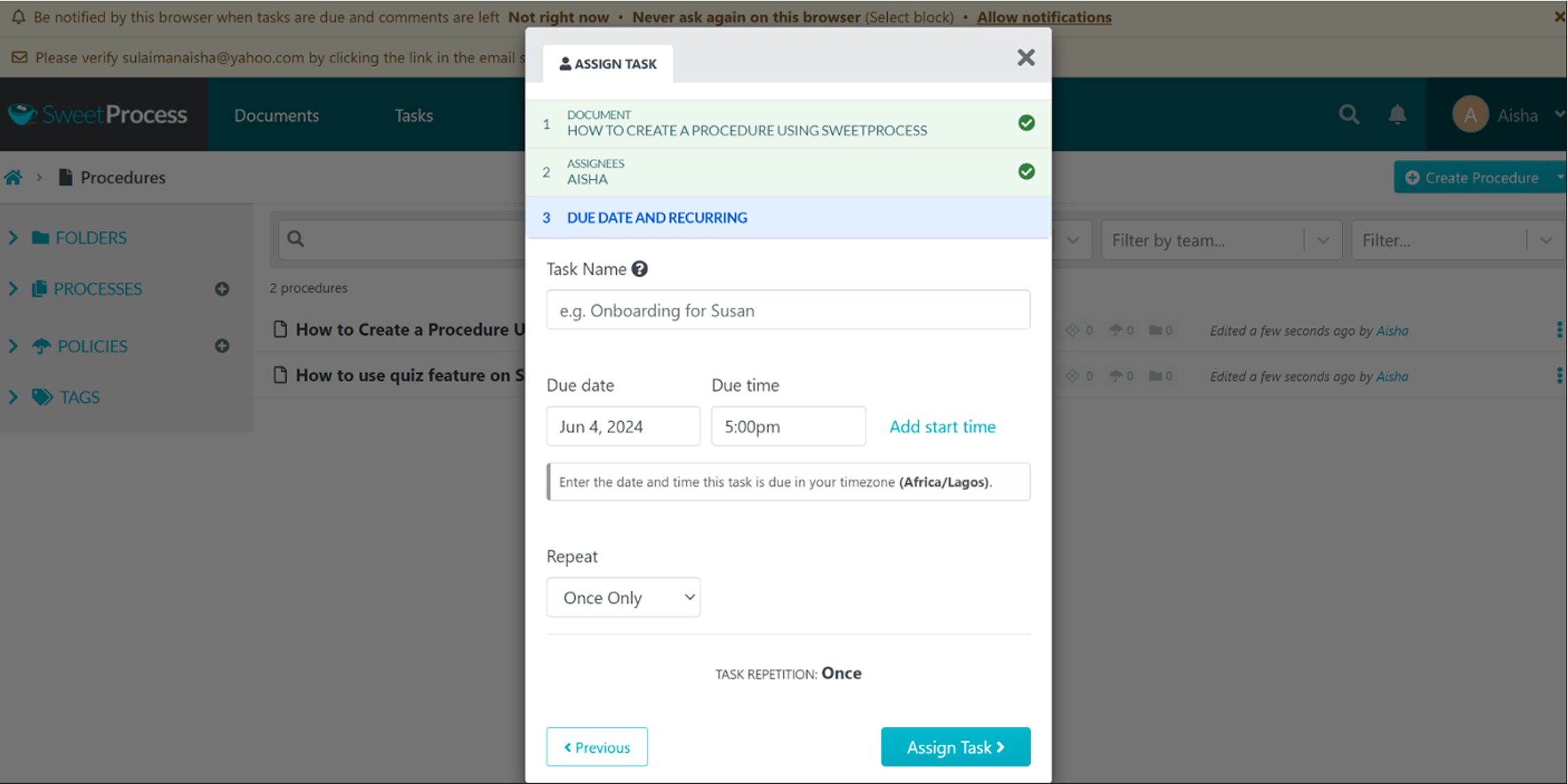 A notification of tasks assigned is sent