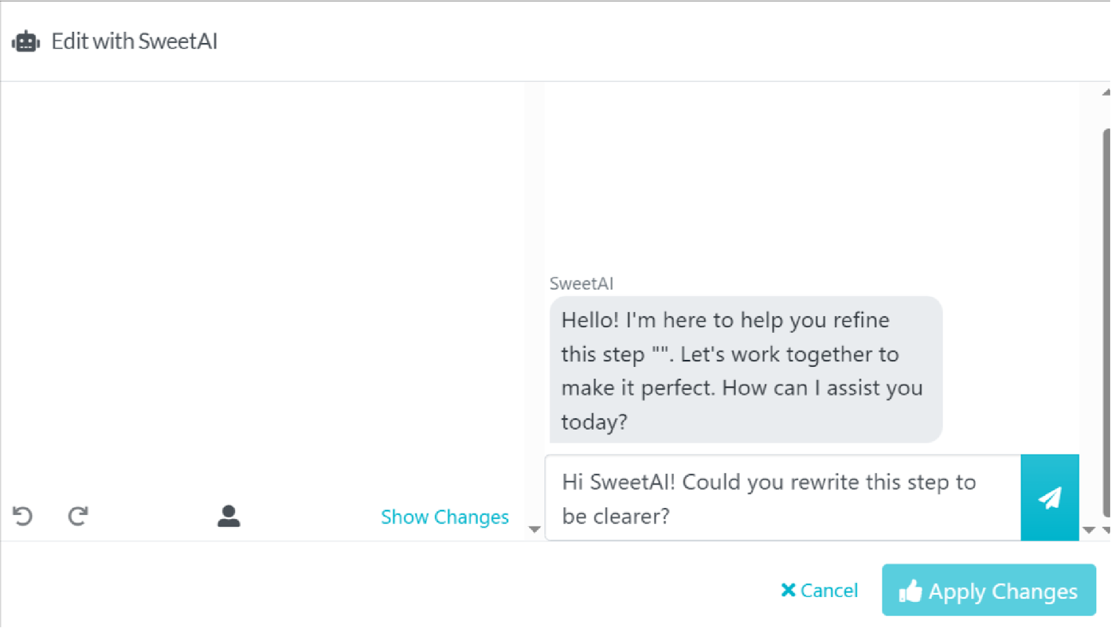 Use SweetAI assistance to rewrite or rephrase sections for better clarity using concise prompts within the built-in editor.