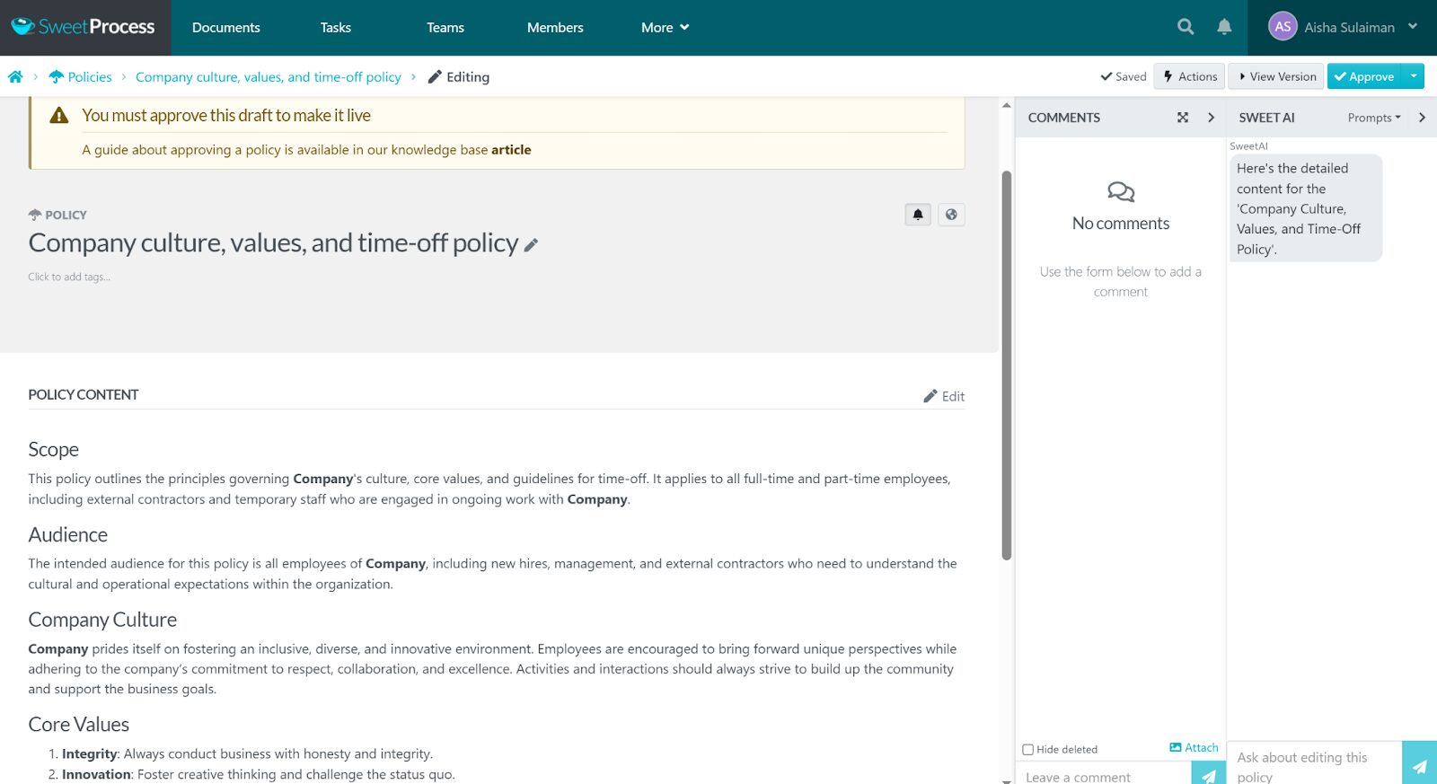 sample of a company culture policy created with SweetAI