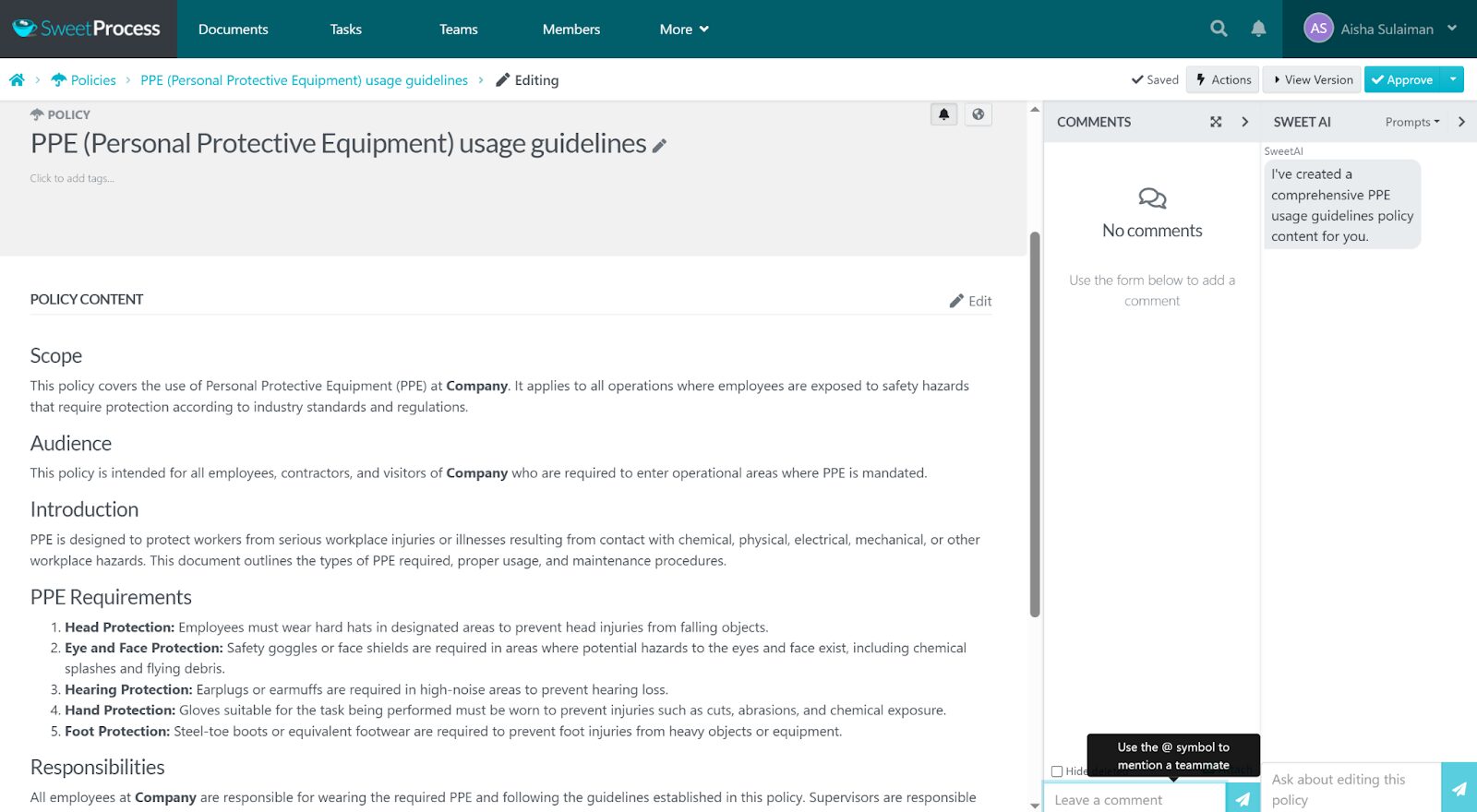 example of a PPE usage guideline created using SweetAI