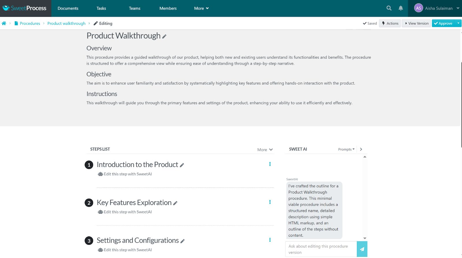 product walkthrough template created with SweetAI