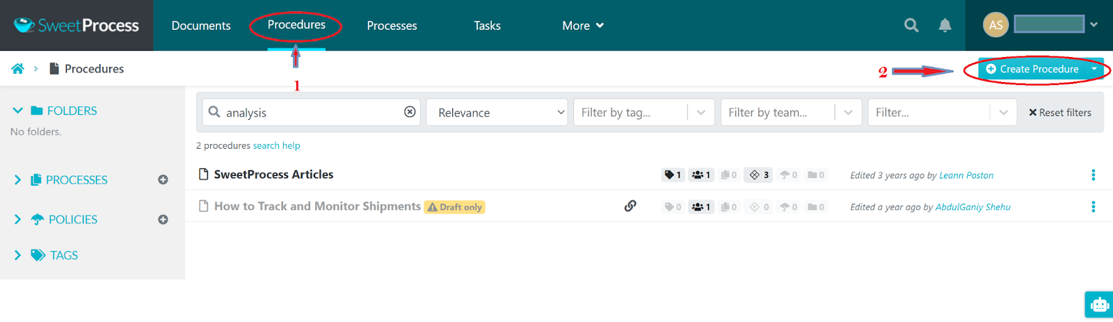 Access the Dashboard and Head to the “Procedures” Tab