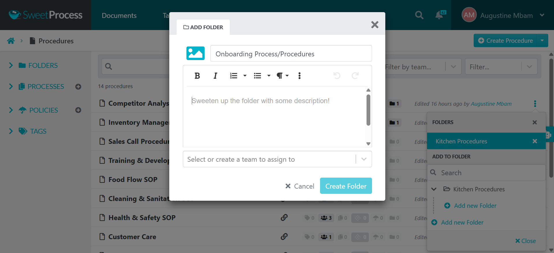 When you add a new folder, give it a title, description, and assign it to a team.