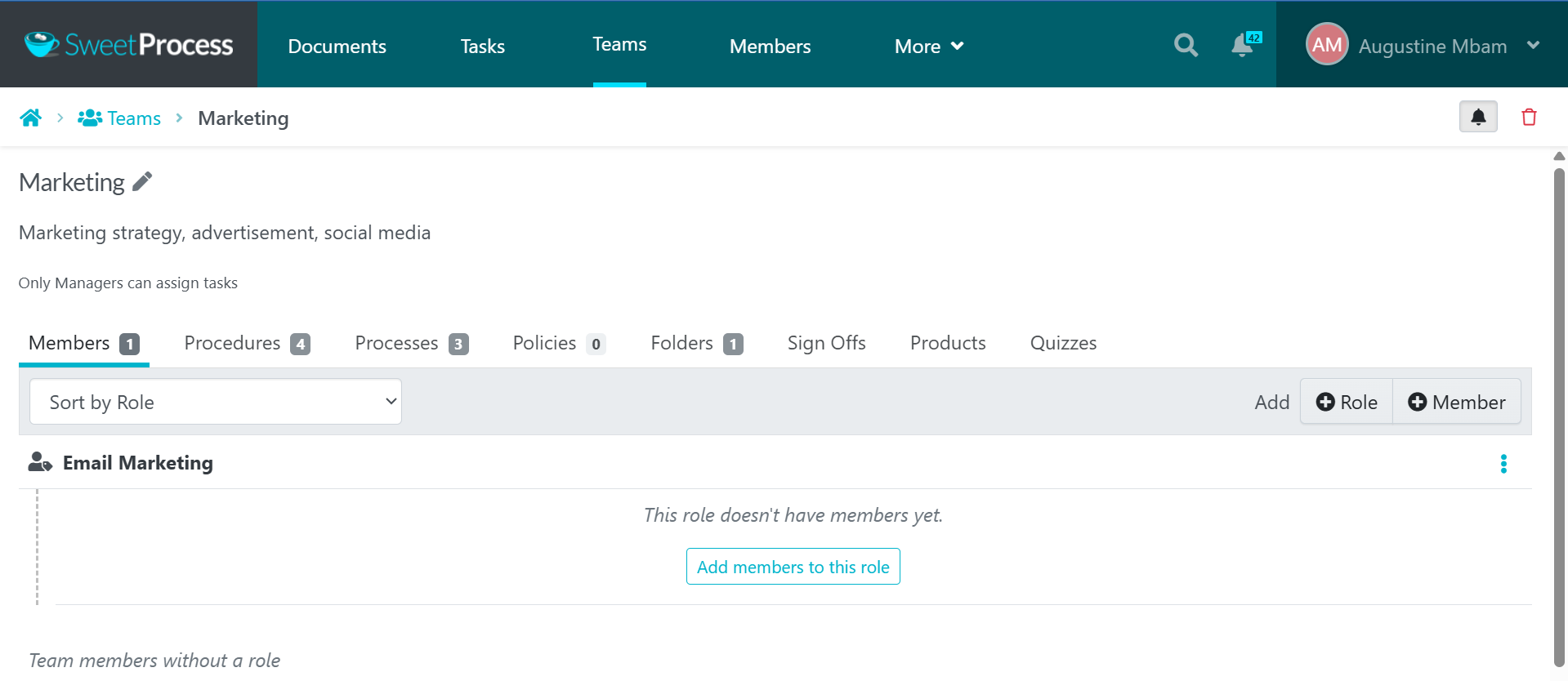 Within teams, you can add new members and assign roles to them.