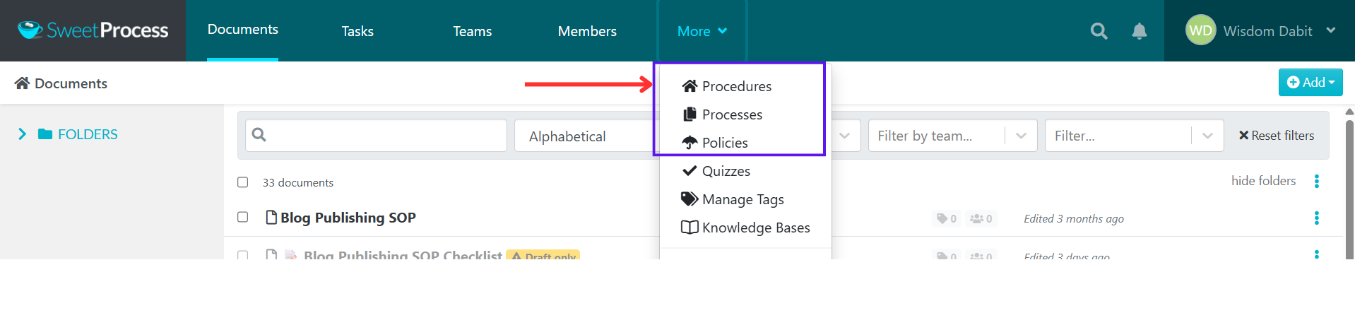 Go to "More" and choose Procedure, Processes or Policies