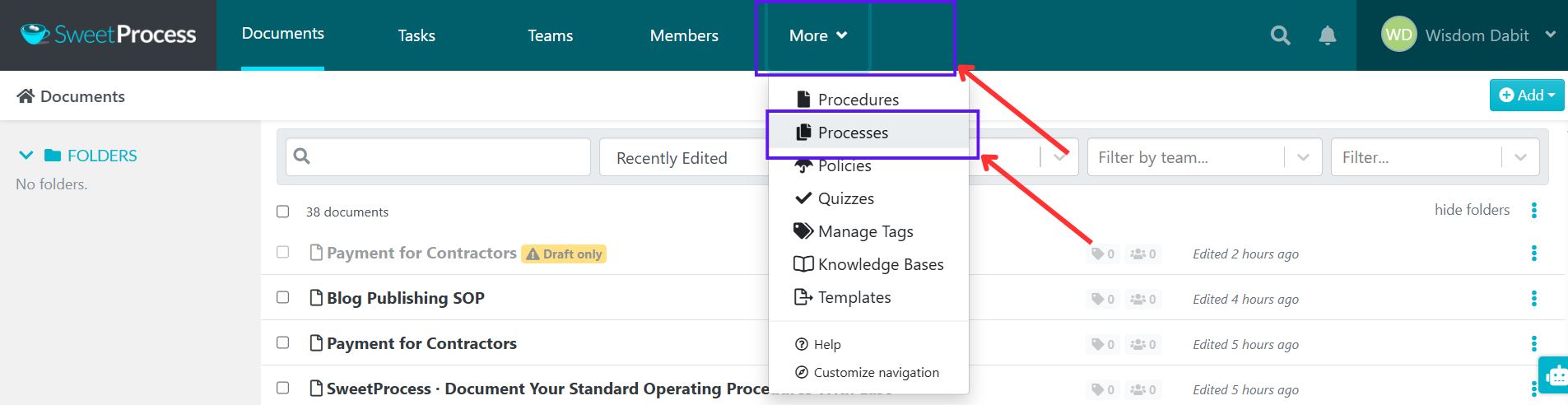 Link procedures into processes - Go to "Processes" from the top bar