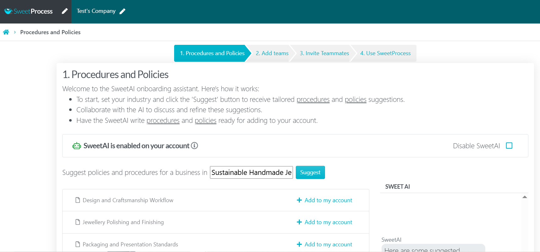 SweetAI onboarding assistant page