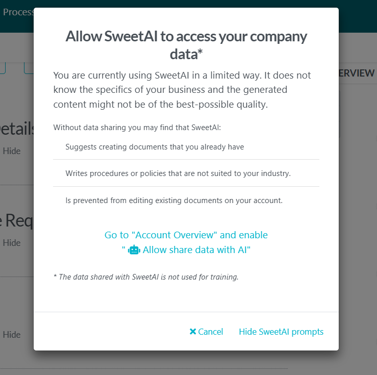 pop-up box asking you to share data of your company with AI