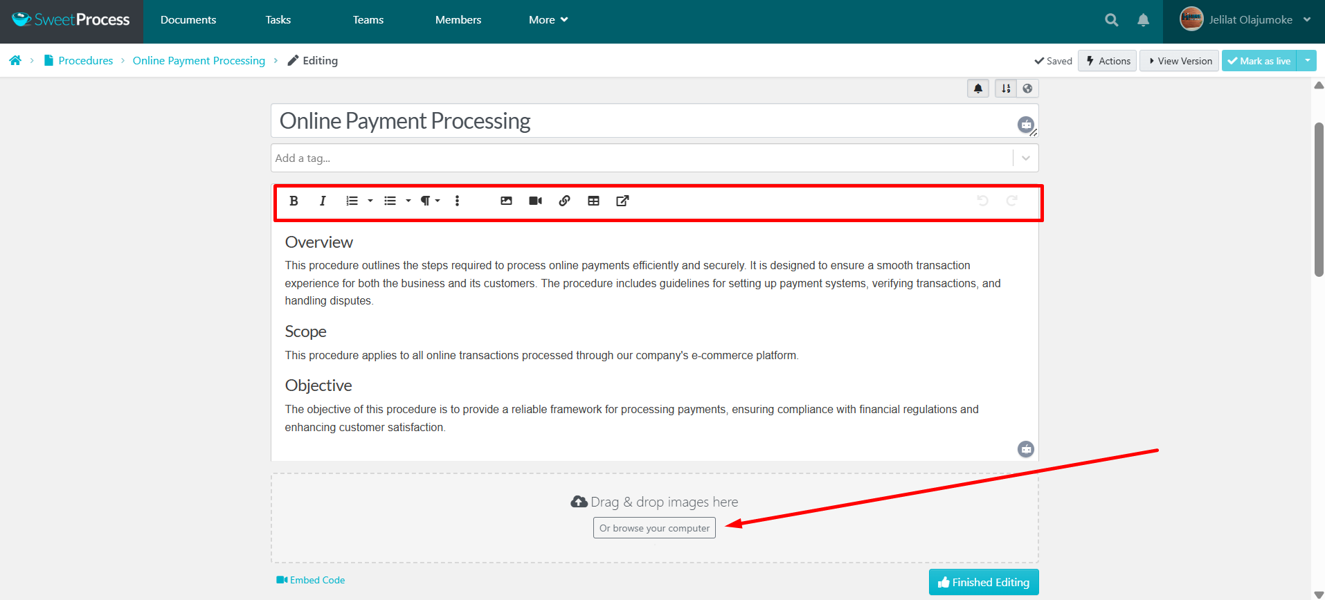 Embed images, videos, forms, tables, and other multimedia elements to create interactive documentation.