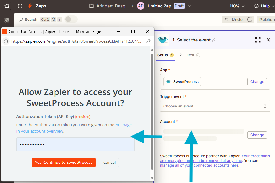 Your click will trigger  a pop-up window where you can insert your API token