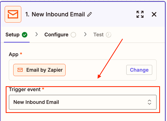 Configuring the task - for a new inbound mail