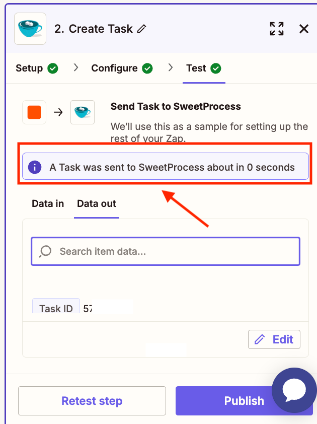 After everything is configured, Zapier sends a task to your SweetProcess account as a test