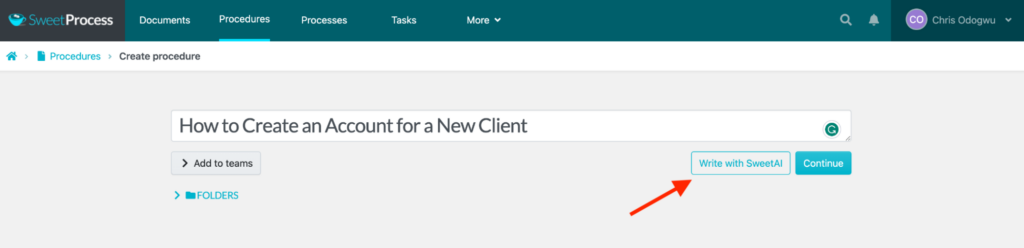Enter the procedure title and click “Write with SweetAI.”