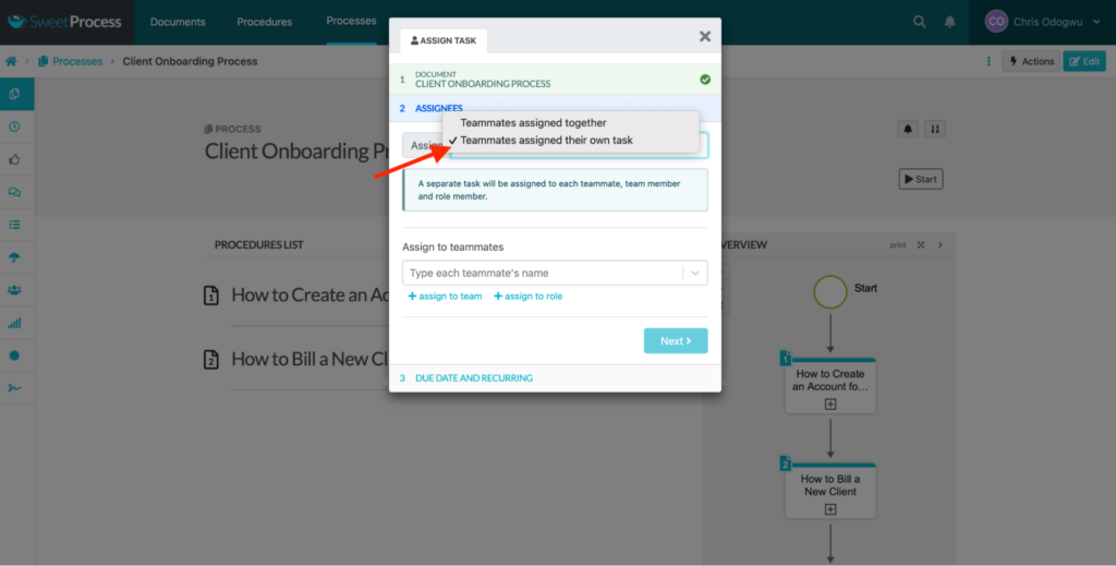 Click “Teammates assigned their own task” for individual tasks and click “Teammates assigned together” for group tasks.
