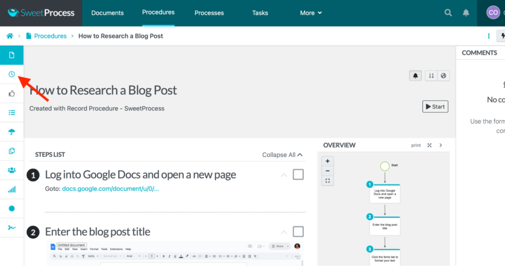 Open the document and click the clock icon.