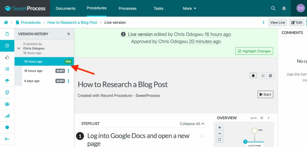 All created versions will be displayed. Review and click the version you want to use.