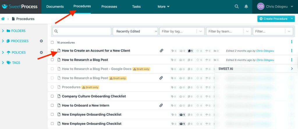 Click “Procedures” and click the document title.