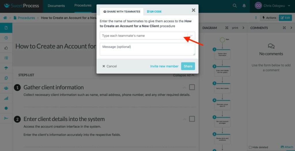 Start typing the team member’s name in the space bar, and their name will come up if they’re on your team.